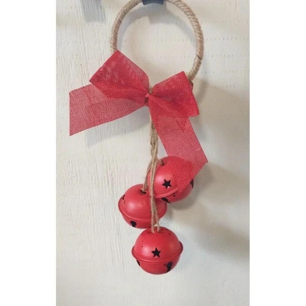 Farmhouse Holiday Door Hanger Doorknob Metal Jingle Bells Bow Jute 12” L